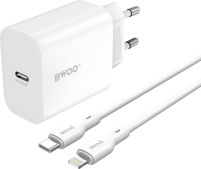 BWOO CDA233 Netzladegerät mit Lightning-Kabel und USB-C Anschluss, 20W, 3A, Weiß - Bild 1