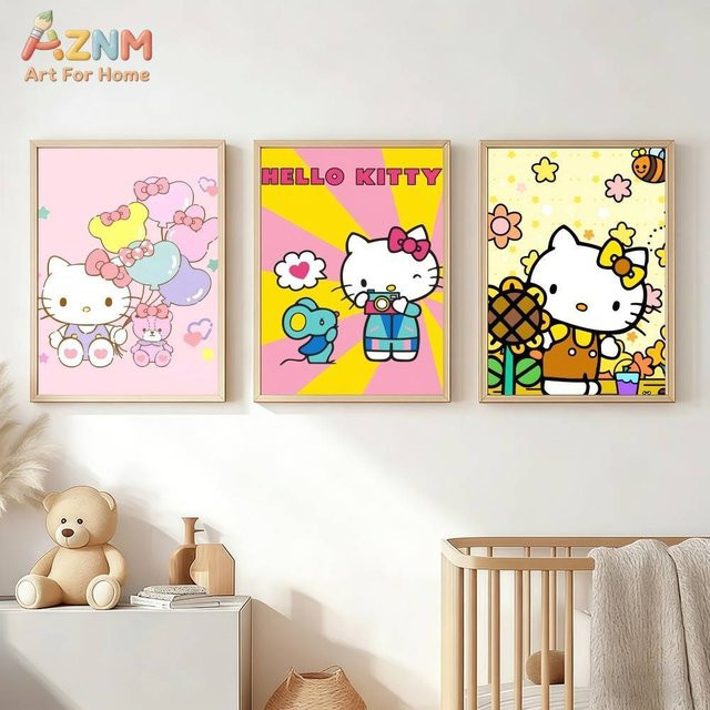AZNM Hello Kitty Sanrio Leinwand-Wandkunst, buntes Motiv mit Katzen, Ballons und Sonnenblumen, ohne Rahmen - Bild 1