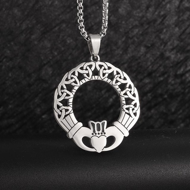 Halskette Edelstahl, Keltischer Dreifaltigkeitsknoten, Claddagh Herzform, Schwarz, Unisex - Bild 1