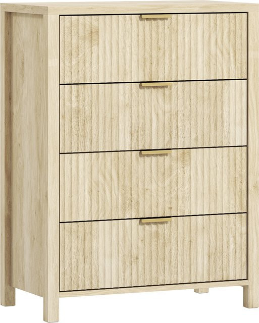 HOMCOM Kommode mit 4 gerillten Schubladen in Naturholz, moderne Holzkommode mit goldenen Griffen für Schlafzimmer, Wohnzimmer oder Flur, B/T/H: 70 x 38 x 93 cm - Bild 1