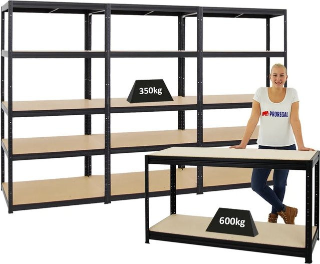 PROREGAL Set aus 3x Schwerlastregal Slim Elephant und 1x höhenverstellbarer Werkbank Big Dino, Schwarz, H: 180 cm, B: 90 cm, T: 60 cm & H: 90 cm, B: 160 cm, T: 60 cm - Bild 1