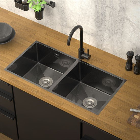 ML-Design Einbauspüle Doppelbecken aus Edelstahl in Anthrazit mit Ab- und Überlaufgarnitur sowie Siphon, Breite: 81,5 cm, Tiefe: 40 cm - Bild 1