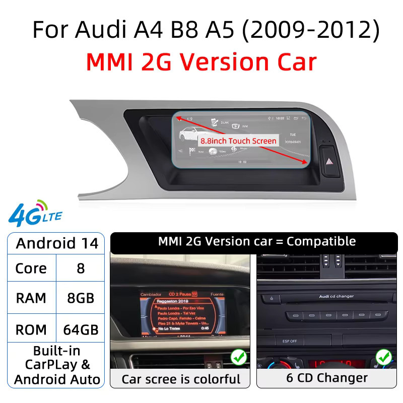 Nunoo Android 14 Multimedia Player für Audi A4 B8 und A5 mit 8 GB RAM und 256 GB Speicher, CarPlay, GPS und MMI 2G CD Wechsler Unterstützung, Schwarz - Bild 5