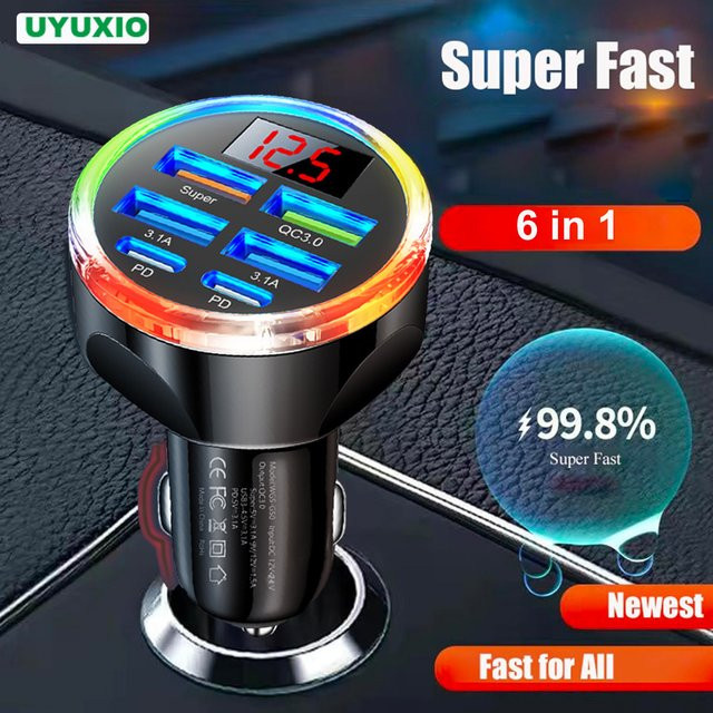 UYUXIO Multi Port USB C Autoladegerät Adapter in Schwarz mit Spannungsanzeige und Voltmeter für Super Schnellladung von MacBook, iPhone und Samsung - Bild 1