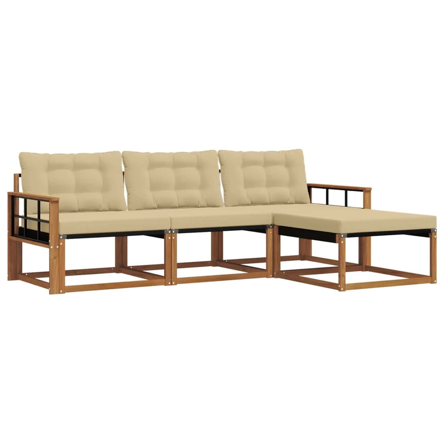 vidaXL Outdoor-Sofagarnitur 4-teilig aus Akazienholz mit Kissen und Ottoman in L-Form, Farbe: Natur und Beige - Bild 2