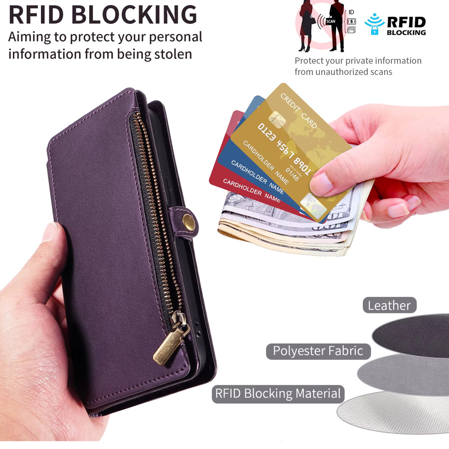 Xiaomi Flip-Cover Schutzhülle für Redmi Note 8/9/10/11/12/13/14/15 Pro in Lila mit Kartenfächern, Geldbörse, Münzfach mit Reißverschluss, Umhängegurt und Ständer aus Kunstleder - Bild 6