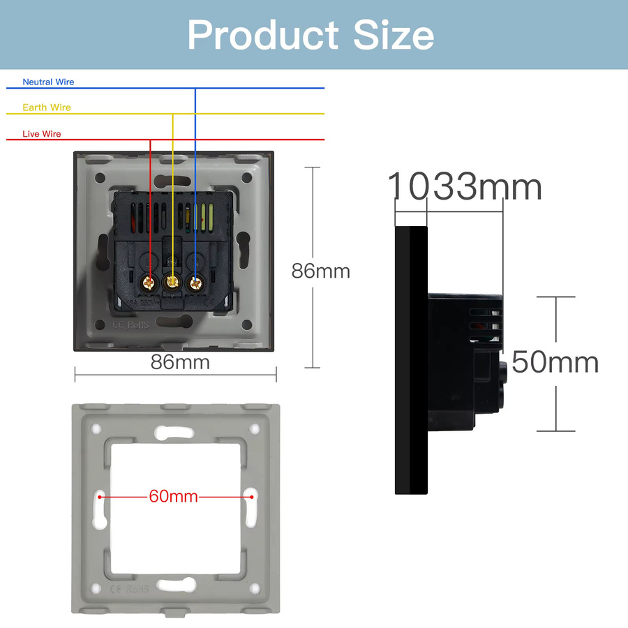BSEED Einzelsteckdose mit USB-C-Anschluss, Wandmontage mit Glasrahmen, Weiß, 86 mm x 86 mm - Bild 2