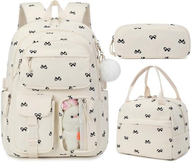 Fancy Style Studio 3er Set Korduroy Schulrucksack mit Brotdose und Federmäppchen Erdbeer Design in Weiß - Bild 1