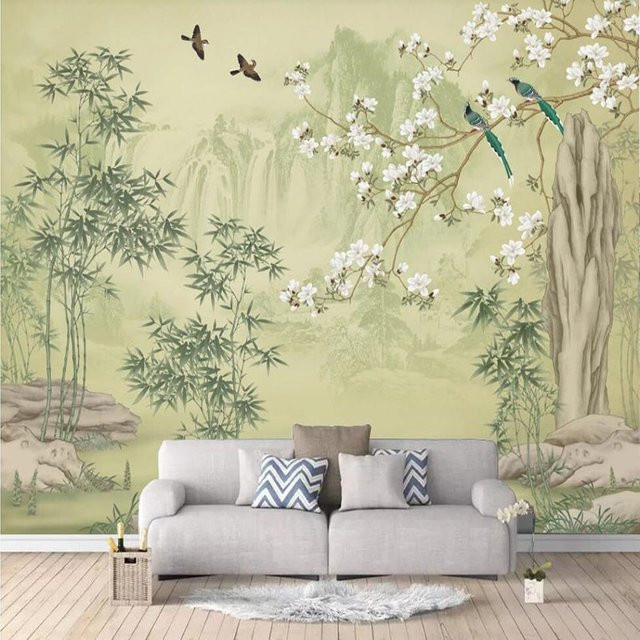 3D Wandtapete von Jiadou mit Bambus, Wald, Magnolia-Blumen und Vögeln in Multicolour aus wasserfestem Canvas für dein Wohnzimmer oder Arbeitszimmer - Bild 1