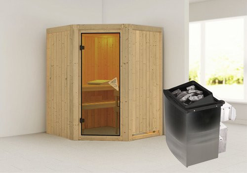 Karibu Sauna Tartu für 3 Personen mit 9 kW Saunaofen und integrierter Steuerung, beige - Bild 1