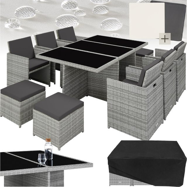 tectake Aluminium Rattan Sitzgruppe für Garten, modern und wetterfest, inkl. Tisch und Stühlen, erweiterbar, Grau/Beige, H x B x T: 82 x 178 x 58 cm - Bild 1
