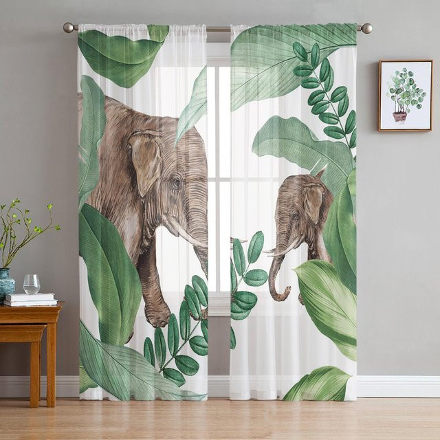Super Six Vintage Voile Vorhang mit Elefant und Schmetterling Motiv, transparent weiß, B: 135 cm, H: 114 cm - Bild 1
