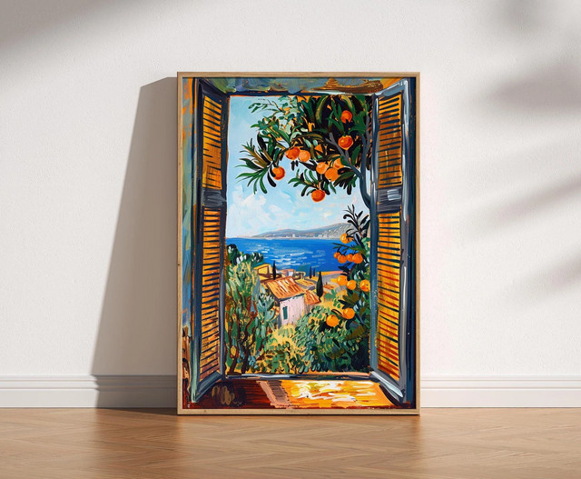 Moderner Paper Poster Druck Offenes Fenster im Stil von Henri Matisse, Fauvismus Gemälde mit Orangenbaum und Mittelmeer-Landschaft, Mehrfarbig - Bild 1