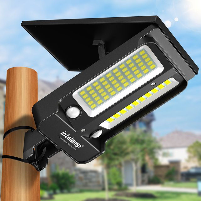 intelamp Solar-Straßenlaterne mit LED und zwei Bewegungssensoren, wasserdichtes Solar-Sicherheitsflutlicht für Garten, Hof und Garage, Schwarz - Bild 1