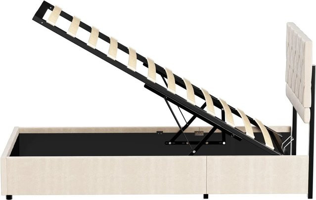 okwish Einzelbett mit Stauraum und Kopfteil in Beige, B/T/H: 90 x 200 x 110 cm - Bild 1