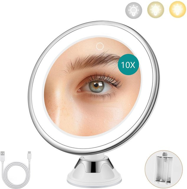 Cosmomiro LED-Make-up-Vergrößerungsspiegel mit 10-facher Vergrößerung, 3 Lichtfarben und dimmbarer Helligkeit, weiß - Bild 1