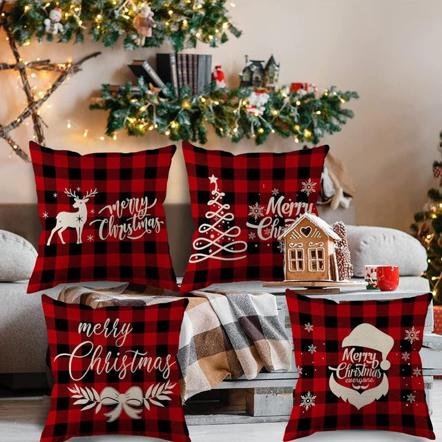 ZZN Kissenbezug aus Leinen mit rotem Streifenmuster und Frohe Weihnachten Design für deine Home Dekoration - Bild 1