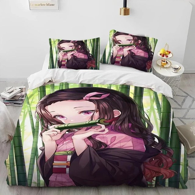 3-teiliges Demon Slayer Anime Bettwäsche-Set aus atmungsaktiver Baumwollmischung, Mehrfarbig, B/H: 228 x 228 cm - Bild 1