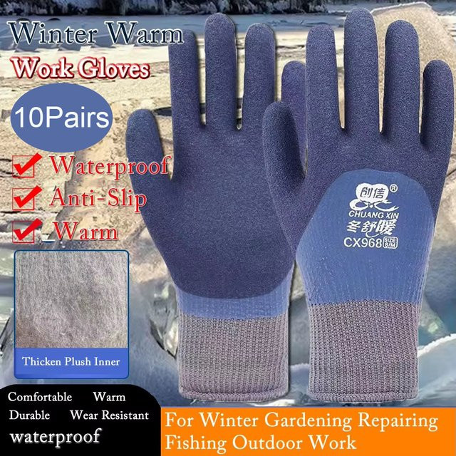 10 Paar ELESESAFE Winter-Arbeitshandschuhe in Grau, thermisch und wasserdicht mit Latexbeschichtung für Gartenarbeit und Reparaturen - Bild 1