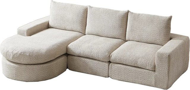 PXloue Modularer 3-Sitzer L-Form Sofa mit Ottomane aus Chenille in Beige, B 250 cm x T 160 cm x H 80 cm - Bild 1