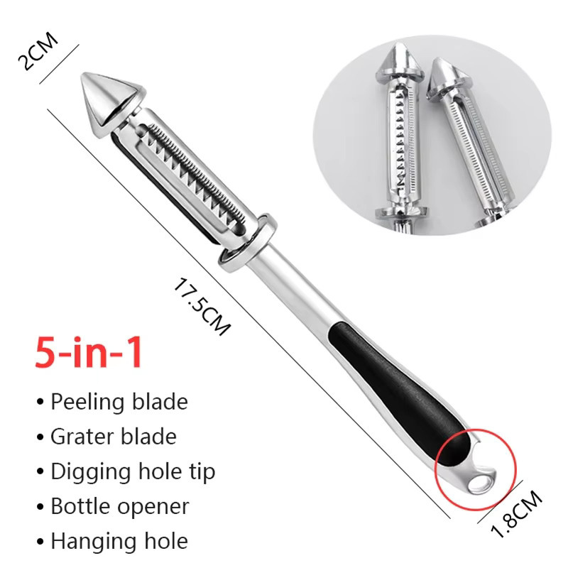 Multifunktionaler 5-in-1 Obst und Gemüse Schäler mit Reibefunktion aus Zinklegierung und Edelstahl in Silber - Bild 2