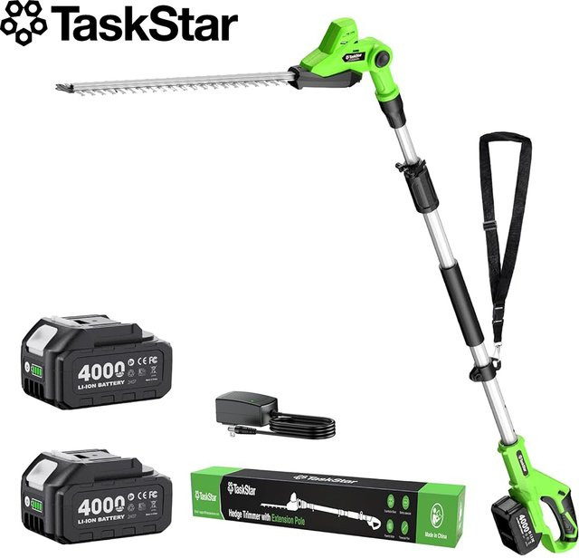 TaskStar 2-in-1 Elektrische Heckenschere mit Teleskop-Verlängerungsstange, 20 Zoll Kabellose Buschschere mit 2 Akkus à 4,0Ah, Doppelklingen-System, Farbe: Grün - Bild 1