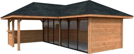 PALMAKO Pavillon Bianca Set 222 Slide aus Fichtenholz in Braun mit Alu-Schiebetüren und Eck-Tresenanlage, B/T/H: 588 x 588 x 319 cm - Bild 1