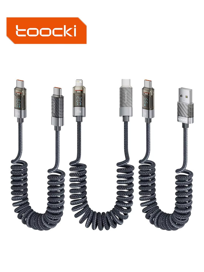 Toocki USB Typ C Spiralkabel mit Digitalanzeige, 100 W Schnellladekabel für Laptops und Mobiltelefone, Grau - Bild 6