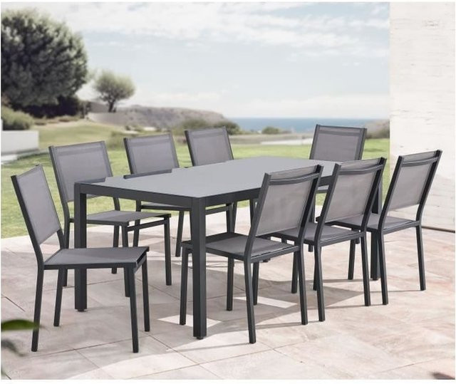 CALVI Garten-Essgruppe mit Tisch und 8 Stühlen aus Aluminium und Glas in Grau - Bild 1