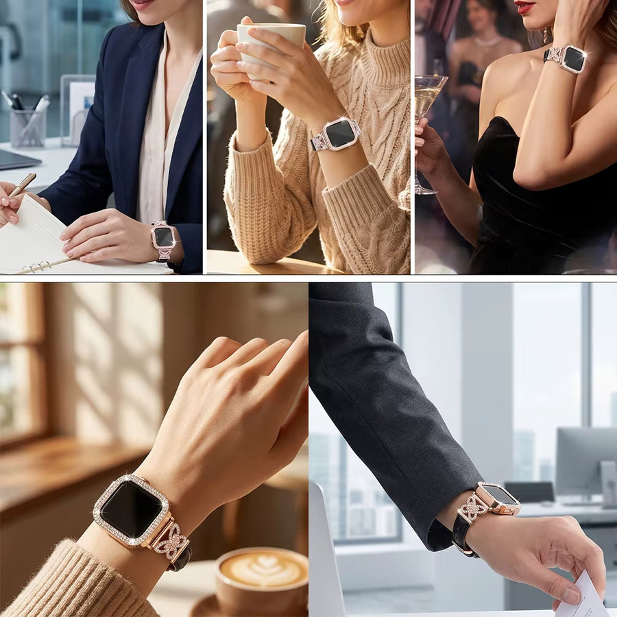 Samusak Armband und Hülle für Apple Watch, Leder, Diamant, Kristall, Damen - Bild 3