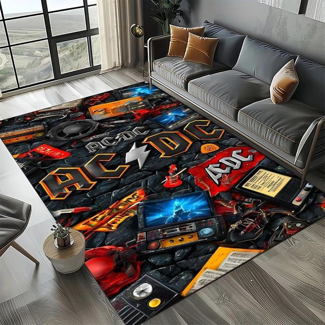 Karpetti 3D A-ACDC Rockband Cartoon Bereichsteppich, rutschfester und waschbarer Teppich aus Polyester für Wohnzimmer, Schlafzimmer oder Kinderzimmer, Mehrfarbig, Breite: 80 cm, Länge: 120 cm - Bild 1
