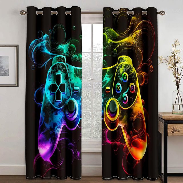 Moderne Spielcontroller Kinder Fenstervorhänge mit Grafik-Motiv, 2er-Set, halbtransparent, Mehrfarbig, Breite: 100 cm, Höhe: 160 cm - Bild 1