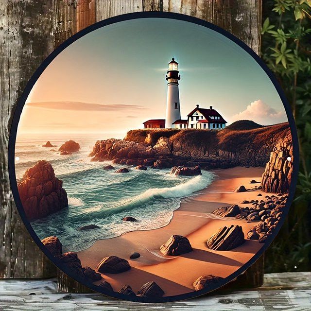 Rundes Aluminium-Wandschild von Potdemiel mit Küstenstrandszene Leuchtturm und Sonnenuntergang, Durchmesser: 20,32 cm - Bild 1