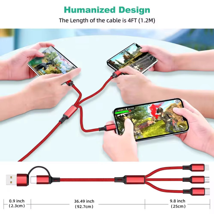 5-in-1 PD USB Schnellladekabel Multi-Port Datenkabel für iPhone, Android, Xiaomi, Micro USB und Typ-C in Silber und Rot - Bild 2