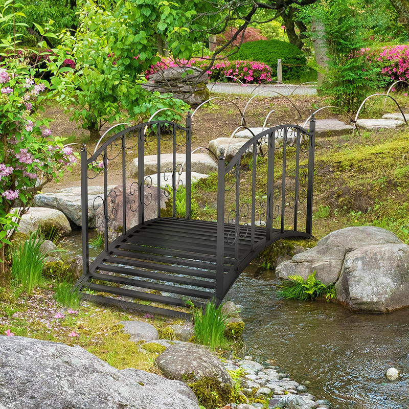Outsunny Gartenbrücke aus Stahl mit Geländer und Blumenmuster in Schwarz, Dekobrücke für Teich, Balkon und Terrasse, Breite: 119 cm - Bild 2