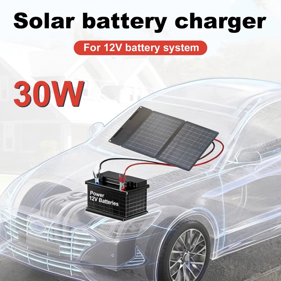 Leaorld 30W Solarpanel-Ladegerät 12V Batterieladegerät mit USB PD3.0 Schnellladefunktion und Clips in Schwarz - Bild 2