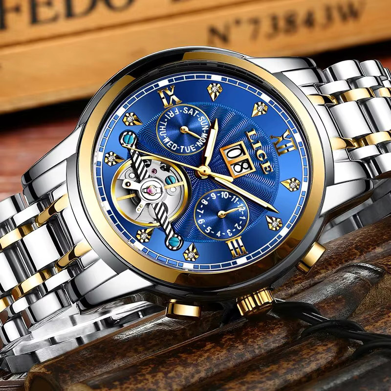 Lige Armbanduhr Automatik, Edelstahl, Blau, Herren - Bild 4