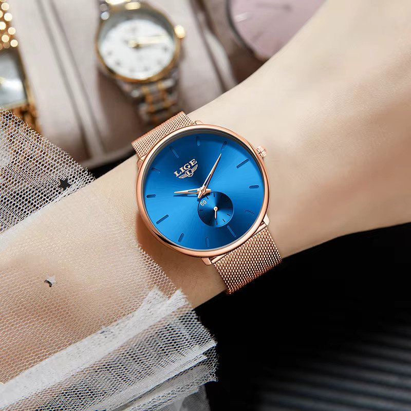 LIGE Armbanduhr Quarz, Rund, Blau, Silber, Roségold, Damen - Bild 5