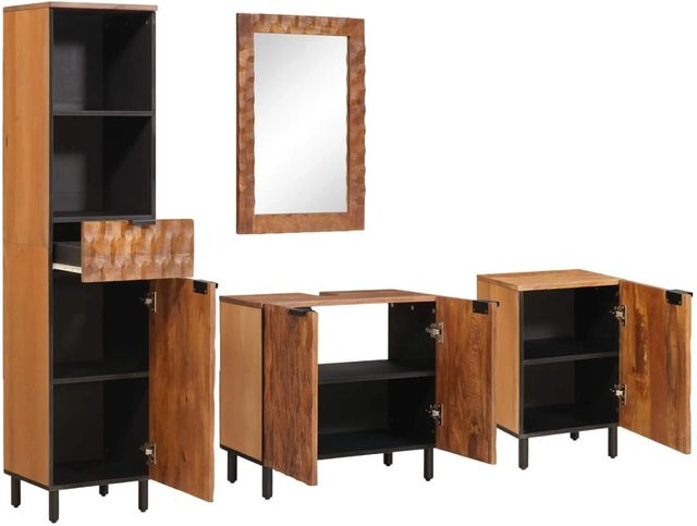 vidaXL Badezimmer Set aus 4-teiligem Massivholz in Braun, bestehend aus Waschtischunterschrank, Spiegelschrank, Wandschrank und Hochschrank, Akazie und Mango - Bild 1