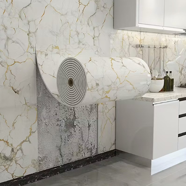 Selbstklebende Marmor-Schaumstoff-Wandaufkleber in Weiß, ölbeständige Fliesenimitation als Wandverkleidung für Küche, Schlafzimmer und Wohnzimmer - Bild 1