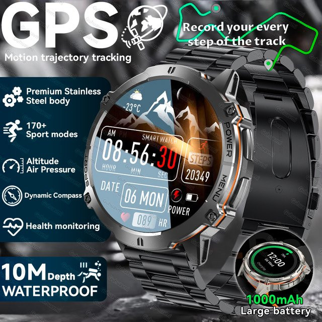 GUHUAVMI Smartwatch, GPS, Edelstahl, 44 mm, Schwarz, 1 ATM - Bild 1