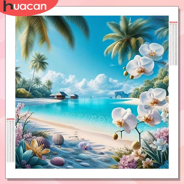 HUACAN 5D Diamantkunst Mosaik Set mit Meer, Landschaft und Orchidee als dekoratives Wandgemälde mit Full Square Bohrern, Breite: 20 cm, Höhe: 20 cm - Bild 1