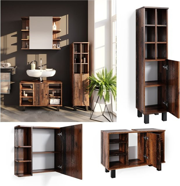Vicco Badmöbelset Fynn in Antikholz, 3-teilig mit Waschtischunterschrank, Spiegelschrank und Midischrank, Breite: 80 cm - Bild 1