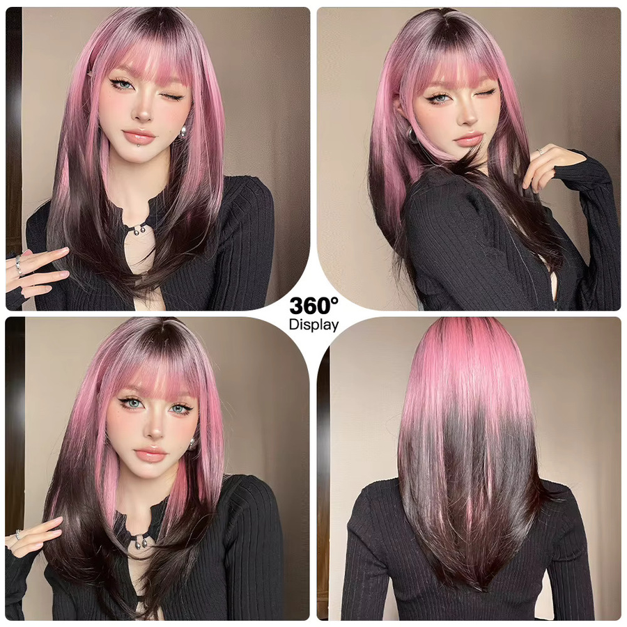 EASIHAIR Perücke, lange geschichtete Synthetik-Perücke mit Pony, Ombre Schwarz bis Rosa Lila, Damen - Bild 4