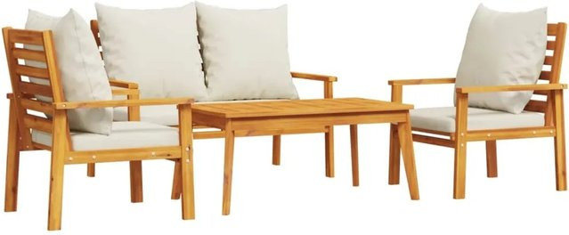 vidaXL 4-teiliges Garten-Lounge-Set aus Massivholz Akazie mit Kissen in Braun und Weiß - Bild 1