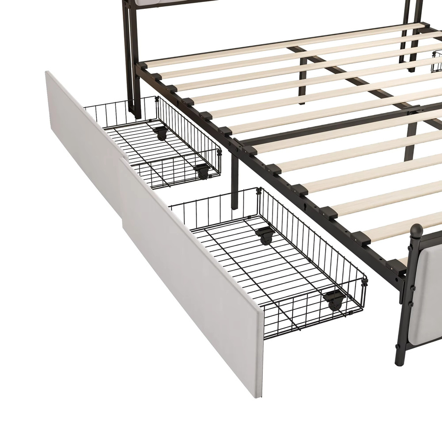 Rosahqnda Modernes Polsterbettgestell in Beige mit Schubladen, LED-Bücherregal-Kopfteil, USB-Anschlüssen und Unterbettbeleuchtung, B/T: 140 x 200 cm - Bild 4