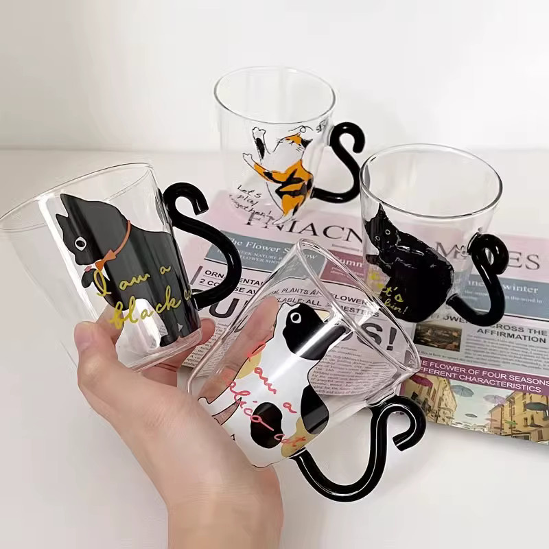 YWDL Schwarze Katze Glas-Kaffeetassen-Set, 250 ml, Transparent - Bild 2