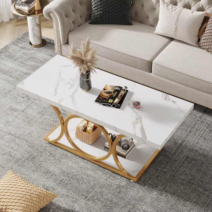 Tribesigns Rechteckiger Couchtisch aus Kunstmarmorholz in Weiß und Gold, moderner 2-stöckiger Couchtisch für dein Wohnzimmer - Bild 3