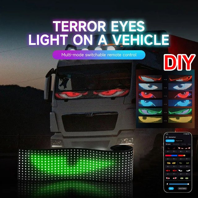VENUSWING LED Matrix Pixel Panel Truck Devil Eye mit App-Steuerung, RGBIC Multicolour, faltbares Display in Schwarz für Windschutzscheibe-Dekoration - Bild 1