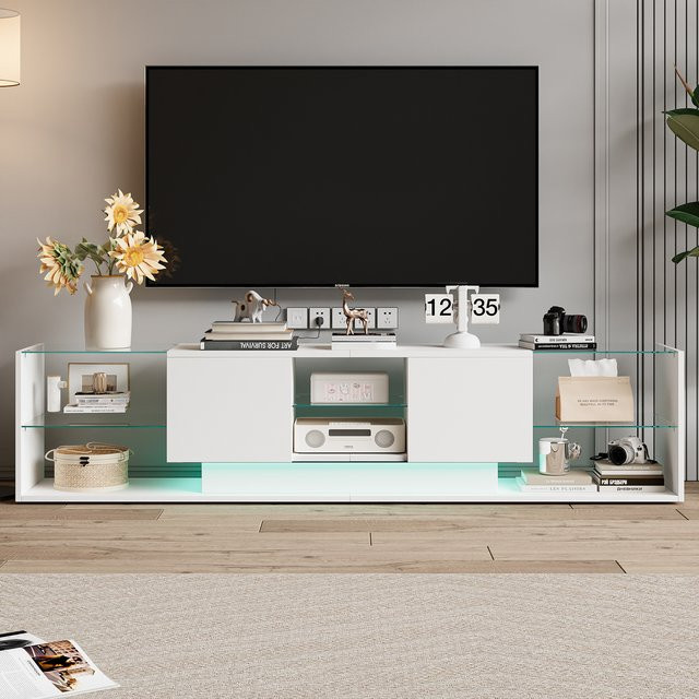 Comanlai LED TV-Ständer in modernem Design mit Hochglanz-Oberfläche, schwebender Wandmontage, integrierter Beleuchtung, 2 Schubladen und 2x3 Glasablagen aus gehärtetem Glas, B/T/H: 200 x 35 x 45 cm - Bild 1